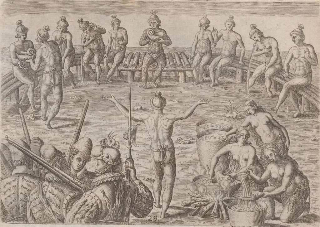 An illustration from Brevis narratio eorum quae in Florida Americae provincia Gallis acciderunt ... : quae est secunda pars Americae. Additae figurae et incolarum eicones ibidem ad vivum expressae, brevis item declaratio religionis, rituum, vivendique ratione ipsorum ..., 1591, leaf 106