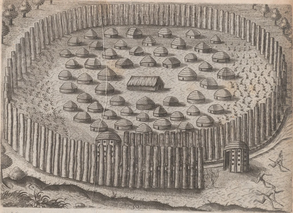 An illustration from Brevis narratio eorum quae in Florida Americae provincia Gallis acciderunt ... : quae est secunda pars Americae. Additae figurae et incolarum eicones ibidem ad vivum expressae, brevis item declaratio religionis, rituum, vivendique ratione ipsorum ..., 1591, leaf 108