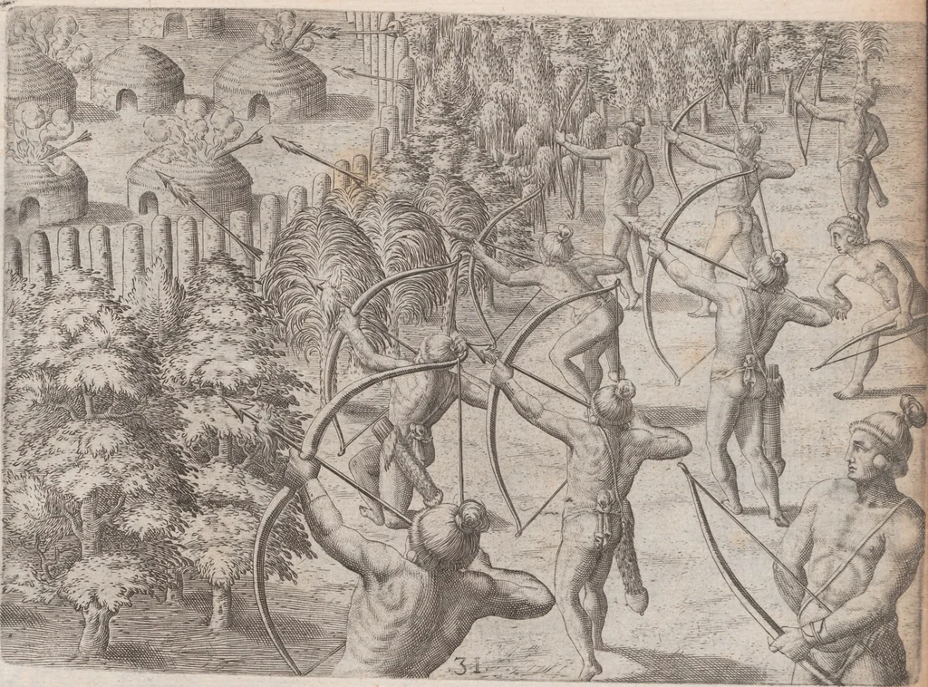 An illustration from Brevis narratio eorum quae in Florida Americae provincia Gallis acciderunt ... : quae est secunda pars Americae. Additae figurae et incolarum eicones ibidem ad vivum expressae, brevis item declaratio religionis, rituum, vivendique ratione ipsorum ..., 1591, leaf 110