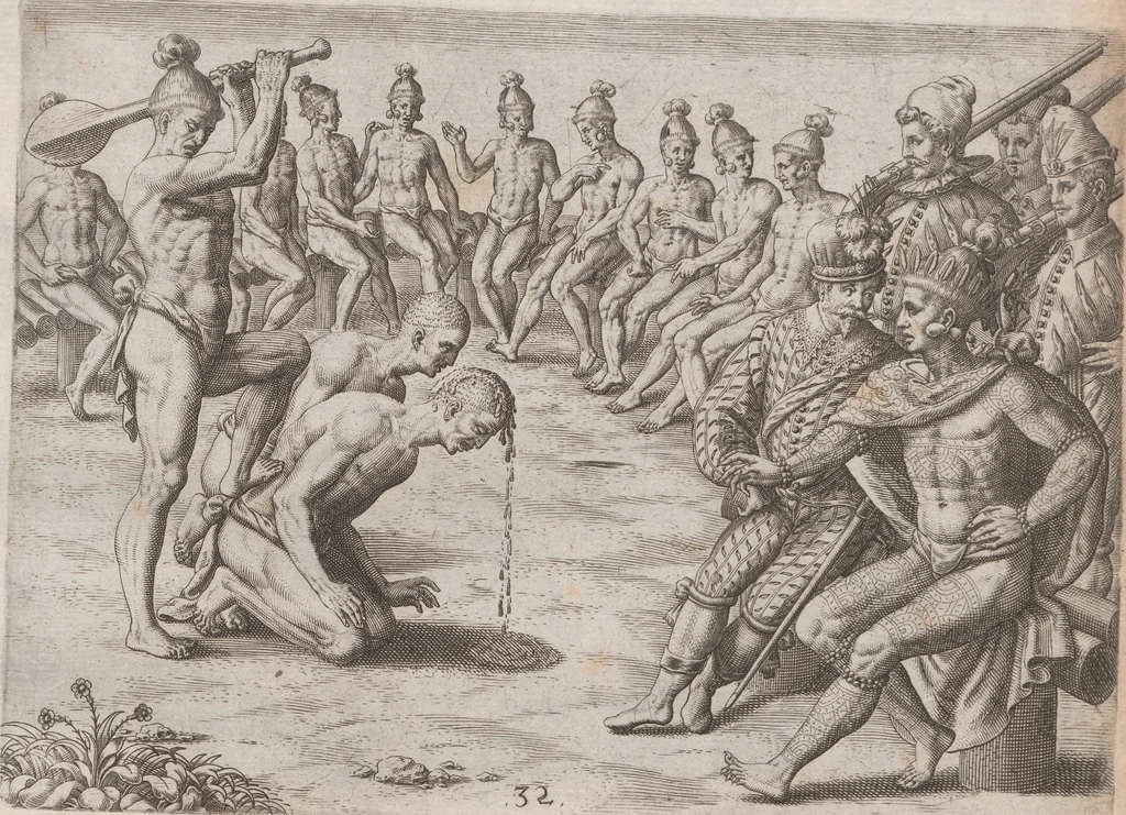 An illustration from Brevis narratio eorum quae in Florida Americae provincia Gallis acciderunt ... : quae est secunda pars Americae. Additae figurae et incolarum eicones ibidem ad vivum expressae, brevis item declaratio religionis, rituum, vivendique ratione ipsorum ..., 1591, leaf 112