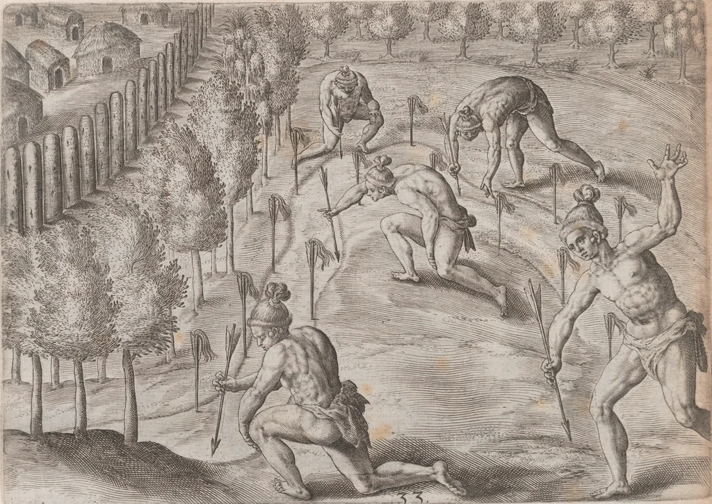 An illustration from Brevis narratio eorum quae in Florida Americae provincia Gallis acciderunt ... : quae est secunda pars Americae. Additae figurae et incolarum eicones ibidem ad vivum expressae, brevis item declaratio religionis, rituum, vivendique ratione ipsorum ..., 1591, leaf 114
