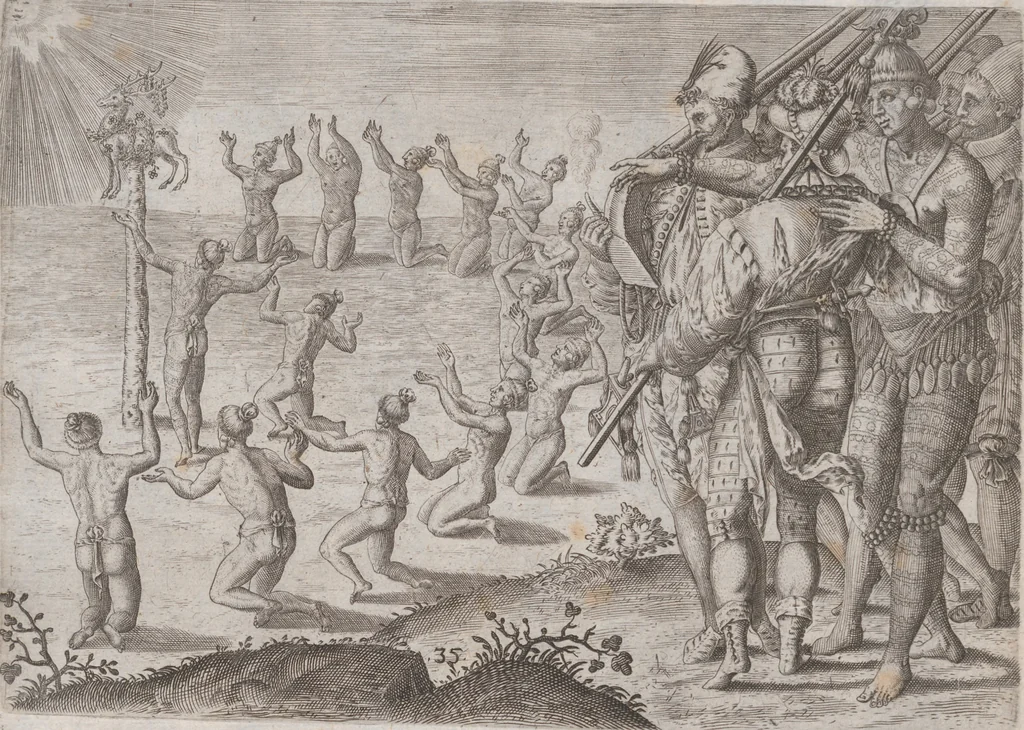 An illustration from Brevis narratio eorum quae in Florida Americae provincia Gallis acciderunt ... : quae est secunda pars Americae. Additae figurae et incolarum eicones ibidem ad vivum expressae, brevis item declaratio religionis, rituum, vivendique ratione ipsorum ..., 1591, leaf 118