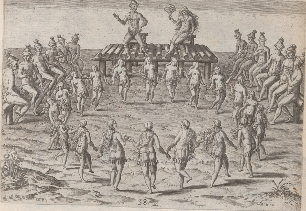 An illustration from Brevis narratio eorum quae in Florida Americae provincia Gallis acciderunt ... : quae est secunda pars Americae. Additae figurae et incolarum eicones ibidem ad vivum expressae, brevis item declaratio religionis, rituum, vivendique ratione ipsorum ..., 1591, leaf 124
