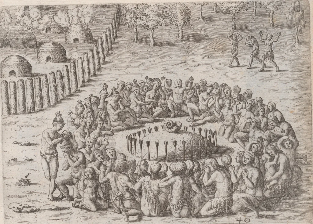 An illustration from Brevis narratio eorum quae in Florida Americae provincia Gallis acciderunt ... : quae est secunda pars Americae. Additae figurae et incolarum eicones ibidem ad vivum expressae, brevis item declaratio religionis, rituum, vivendique ratione ipsorum ..., 1591, leaf 128
