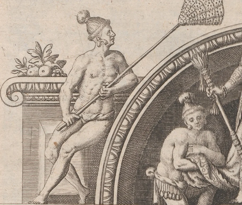 An illustration from Brevis narratio eorum quae in Florida Americae provincia Gallis acciderunt ... : quae est secunda pars Americae. Additae figurae et incolarum eicones ibidem ad vivum expressae, brevis item declaratio religionis, rituum, vivendique ratione ipsorum ..., 1591, leaf 48