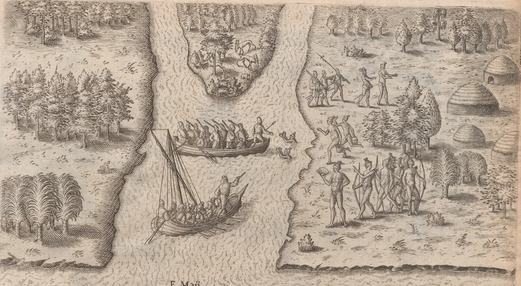 An illustration from Brevis narratio eorum quae in Florida Americae provincia Gallis acciderunt ... : quae est secunda pars Americae. Additae figurae et incolarum eicones ibidem ad vivum expressae, brevis item declaratio religionis, rituum, vivendique ratione ipsorum ..., 1591, leaf 52