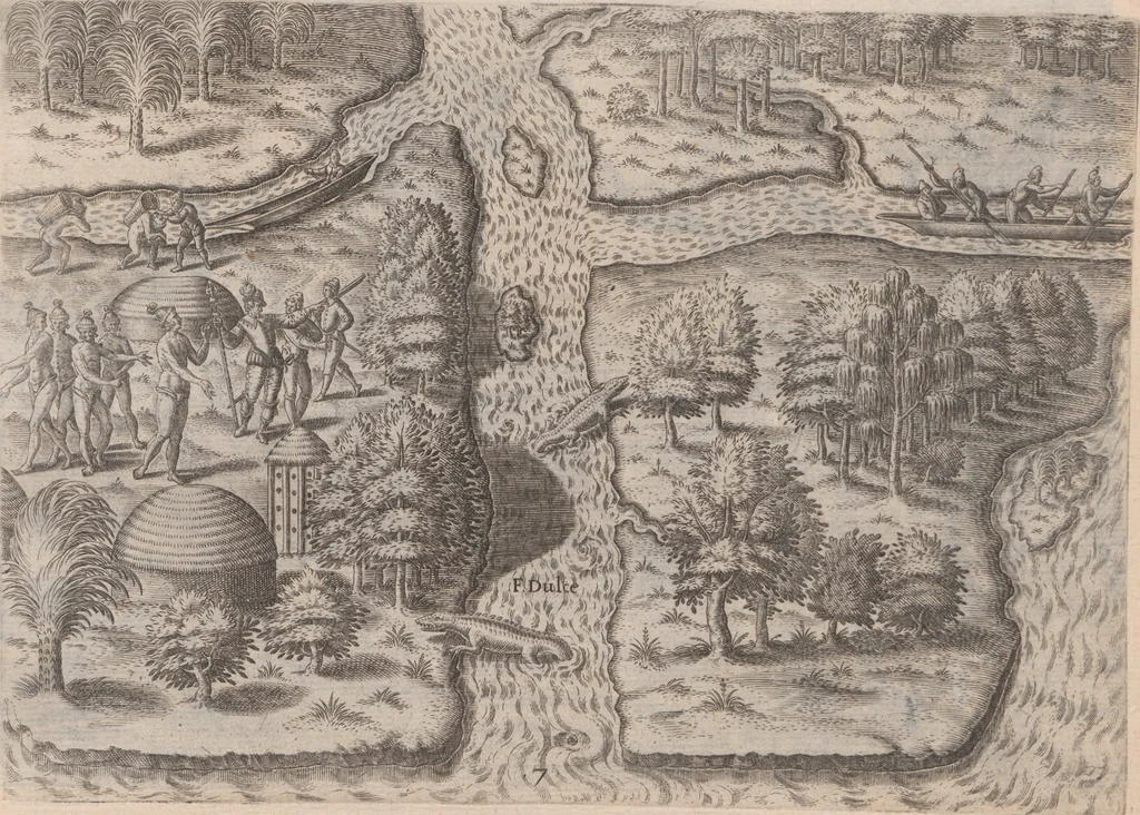 An illustration from Brevis narratio eorum quae in Florida Americae provincia Gallis acciderunt ... : quae est secunda pars Americae. Additae figurae et incolarum eicones ibidem ad vivum expressae, brevis item declaratio religionis, rituum, vivendique ratione ipsorum ..., 1591, leaf 62
