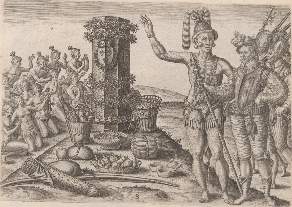 An illustration from Brevis narratio eorum quae in Florida Americae provincia Gallis acciderunt ... : quae est secunda pars Americae. Additae figurae et incolarum eicones ibidem ad vivum expressae, brevis item declaratio religionis, rituum, vivendique ratione ipsorum ..., 1591, leaf 64