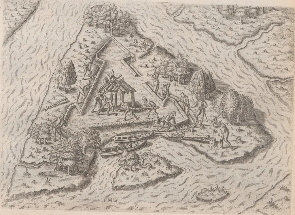 An illustration from Brevis narratio eorum quae in Florida Americae provincia Gallis acciderunt ... : quae est secunda pars Americae. Additae figurae et incolarum eicones ibidem ad vivum expressae, brevis item declaratio religionis, rituum, vivendique ratione ipsorum ..., 1591, leaf 66