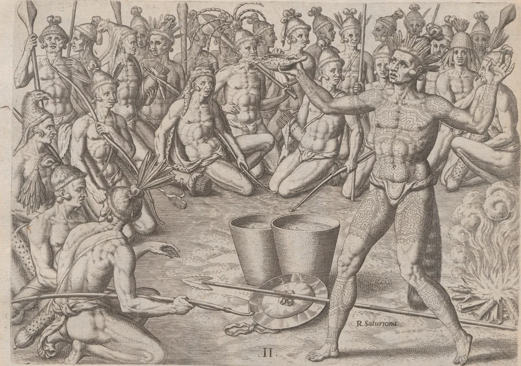 An illustration from Brevis narratio eorum quae in Florida Americae provincia Gallis acciderunt ... : quae est secunda pars Americae. Additae figurae et incolarum eicones ibidem ad vivum expressae, brevis item declaratio religionis, rituum, vivendique ratione ipsorum ..., 1591, leaf 70