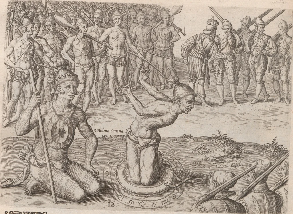 An illustration from Brevis narratio eorum quae in Florida Americae provincia Gallis acciderunt ... : quae est secunda pars Americae. Additae figurae et incolarum eicones ibidem ad vivum expressae, brevis item declaratio religionis, rituum, vivendique ratione ipsorum ..., 1591, leaf 72