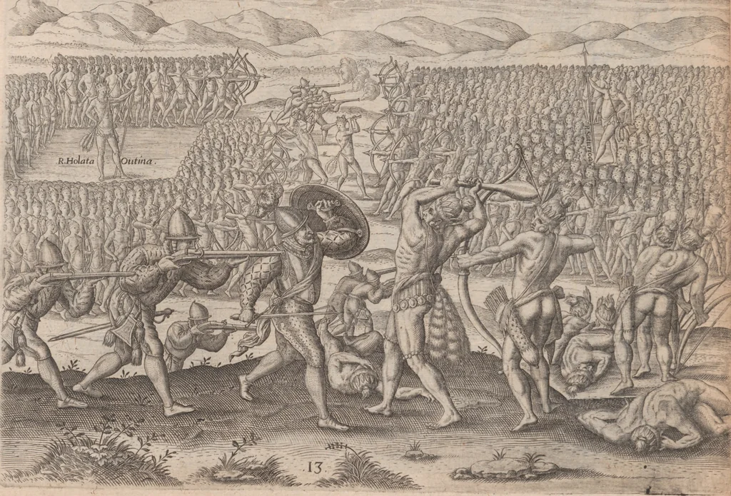An illustration from Brevis narratio eorum quae in Florida Americae provincia Gallis acciderunt ... : quae est secunda pars Americae. Additae figurae et incolarum eicones ibidem ad vivum expressae, brevis item declaratio religionis, rituum, vivendique ratione ipsorum ..., 1591, leaf 74