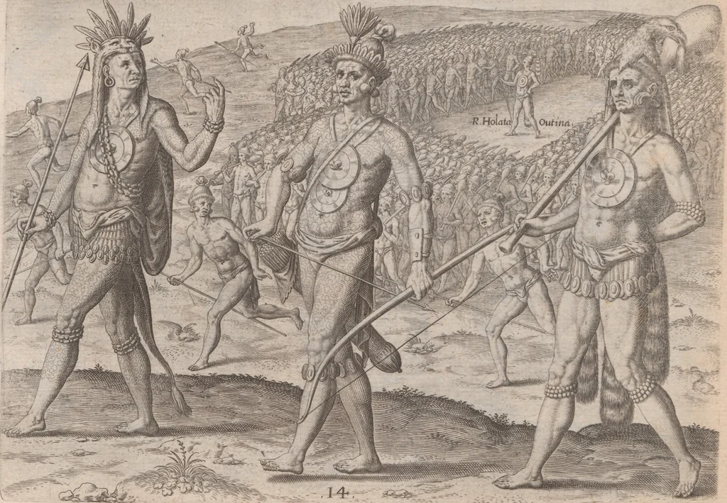 An illustration from Brevis narratio eorum quae in Florida Americae provincia Gallis acciderunt ... : quae est secunda pars Americae. Additae figurae et incolarum eicones ibidem ad vivum expressae, brevis item declaratio religionis, rituum, vivendique ratione ipsorum ..., 1591, leaf 76