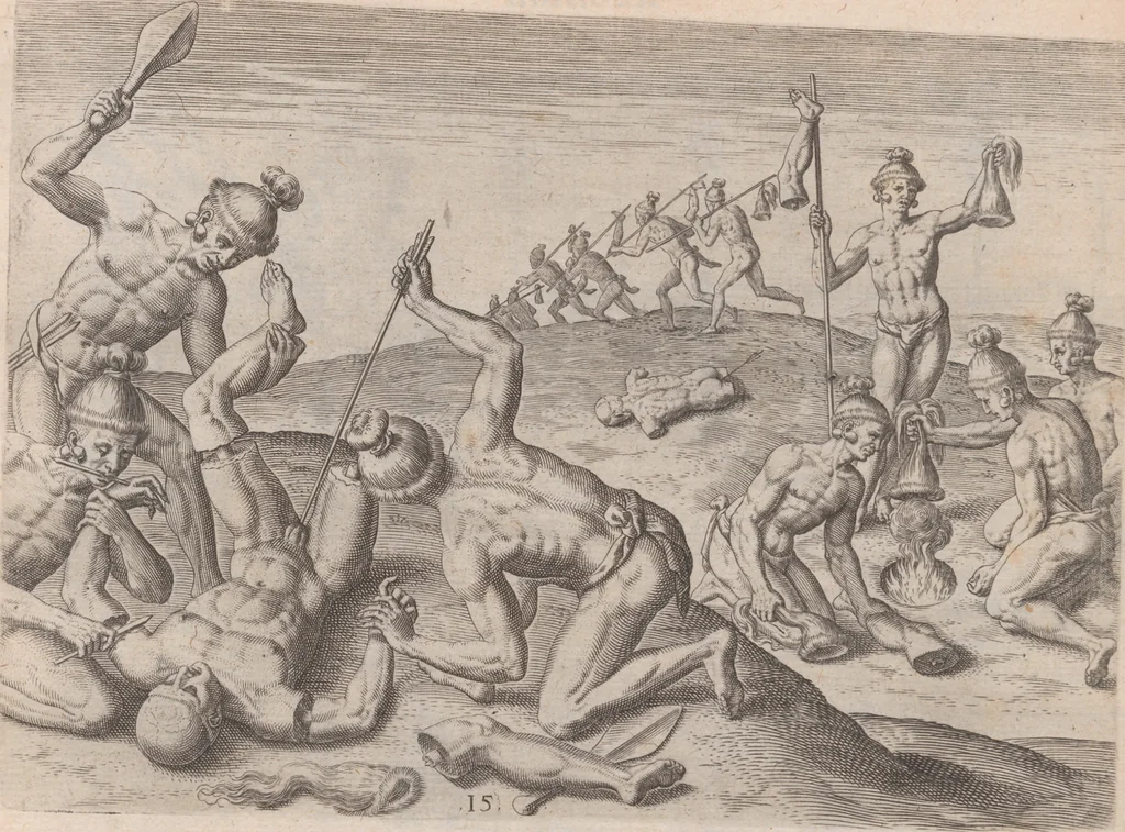 An illustration from Brevis narratio eorum quae in Florida Americae provincia Gallis acciderunt ... : quae est secunda pars Americae. Additae figurae et incolarum eicones ibidem ad vivum expressae, brevis item declaratio religionis, rituum, vivendique ratione ipsorum ..., 1591, leaf 78