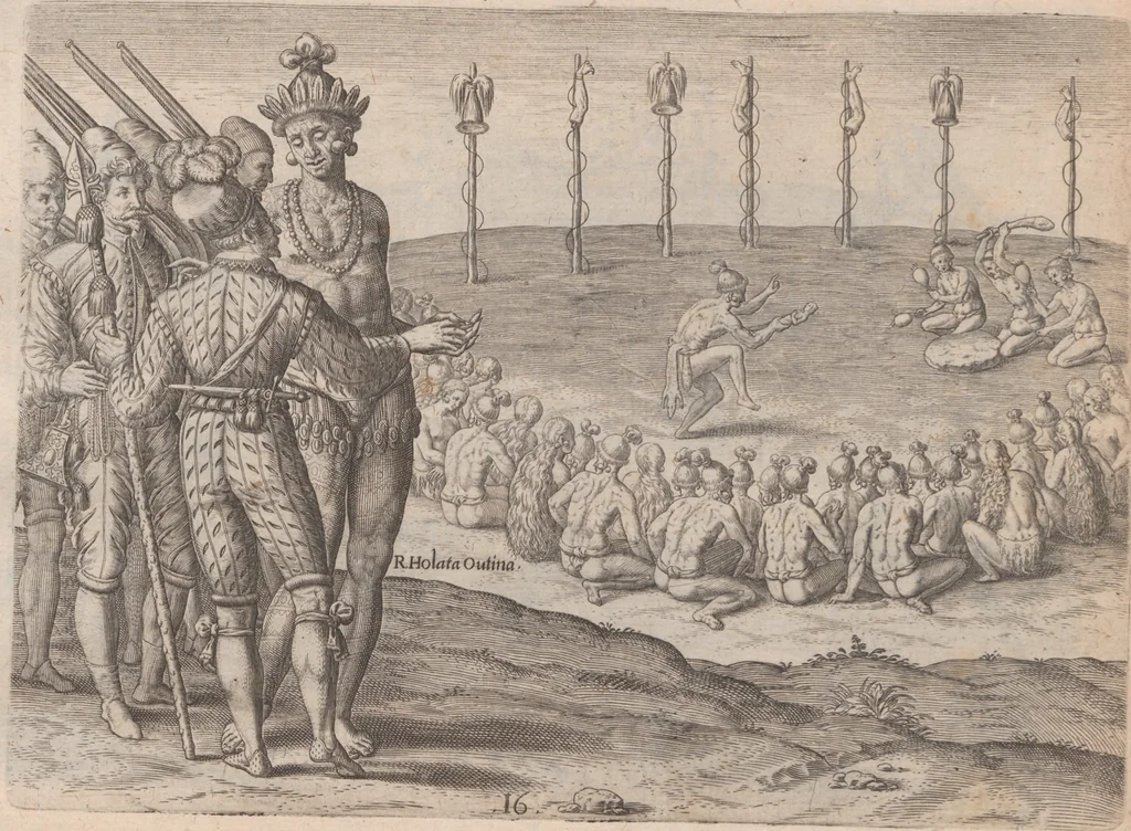 An illustration from Brevis narratio eorum quae in Florida Americae provincia Gallis acciderunt ... : quae est secunda pars Americae. Additae figurae et incolarum eicones ibidem ad vivum expressae, brevis item declaratio religionis, rituum, vivendique ratione ipsorum ..., 1591, leaf 80