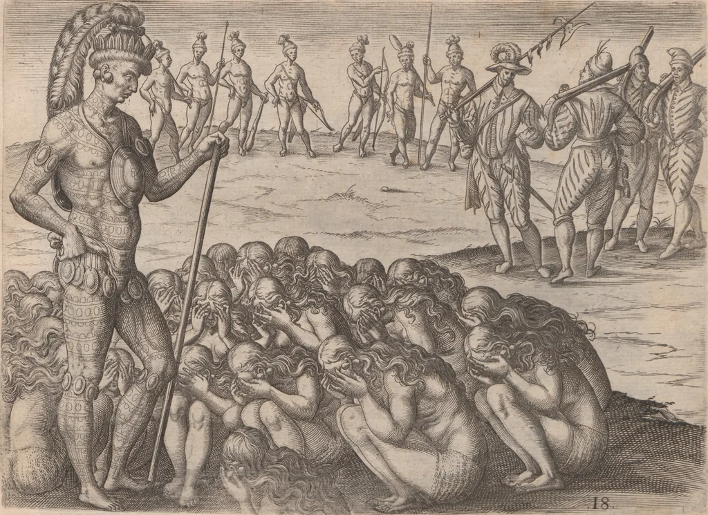 An illustration from Brevis narratio eorum quae in Florida Americae provincia Gallis acciderunt ... : quae est secunda pars Americae. Additae figurae et incolarum eicones ibidem ad vivum expressae, brevis item declaratio religionis, rituum, vivendique ratione ipsorum ..., 1591, leaf 84