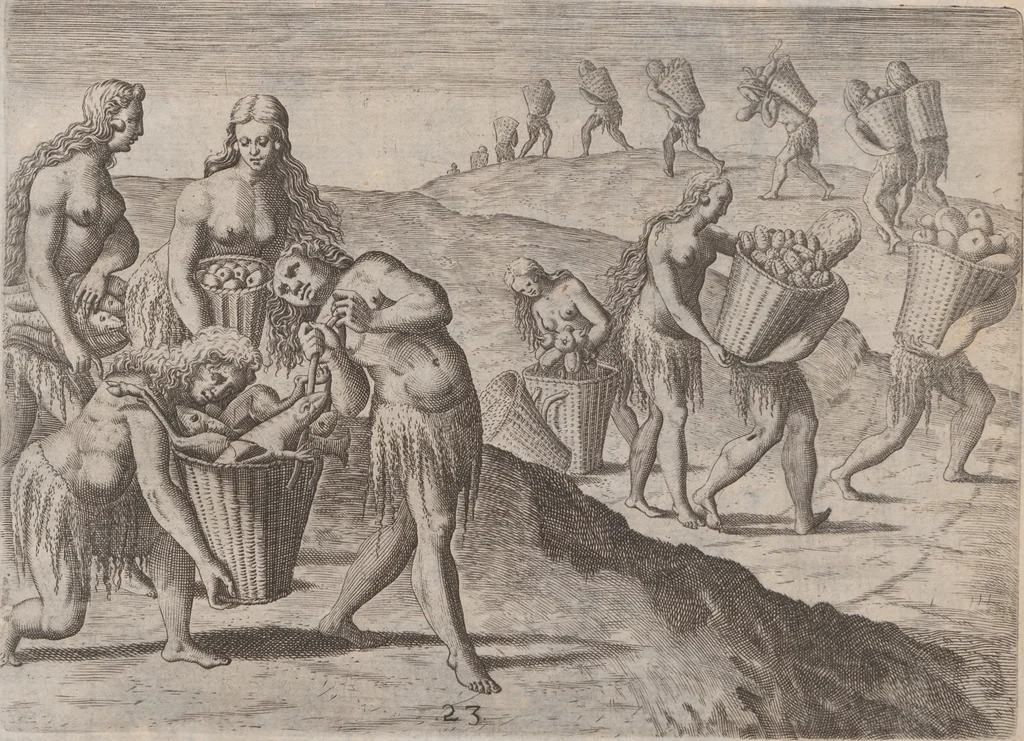 An illustration from Brevis narratio eorum quae in Florida Americae provincia Gallis acciderunt ... : quae est secunda pars Americae. Additae figurae et incolarum eicones ibidem ad vivum expressae, brevis item declaratio religionis, rituum, vivendique ratione ipsorum ..., 1591, leaf 94