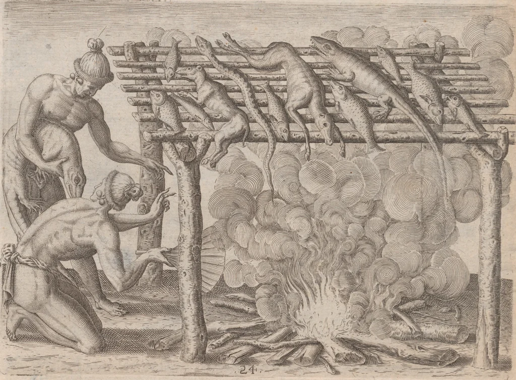 An illustration from Brevis narratio eorum quae in Florida Americae provincia Gallis acciderunt ... : quae est secunda pars Americae. Additae figurae et incolarum eicones ibidem ad vivum expressae, brevis item declaratio religionis, rituum, vivendique ratione ipsorum ..., 1591, leaf 96