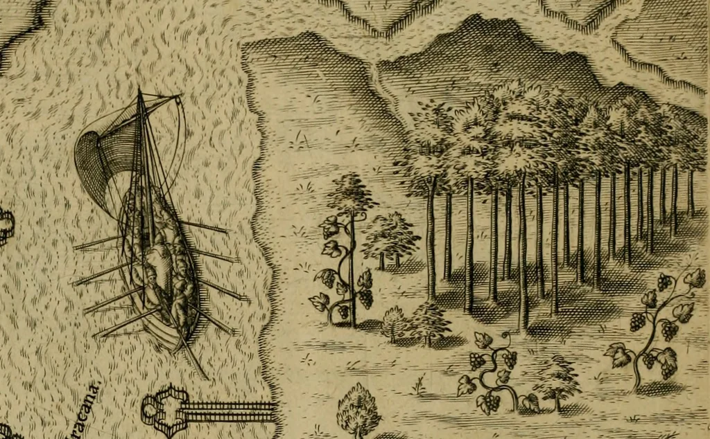 An illustration from Brevis narratio eorvm qvae in Florida Americæ provicia Gallis acciderunt : secunda in illam nauigatione, duce Renato de Laudõniere classis præfecto, anno MDLXIIII, qvae est secvnda pars Americæ : additæ figuræ & incolarum eicones ibidem ad vivu expressæ, brevis item declaratio religionis, rituum, vivendique ratione ipsorum, 1591, leaf 10