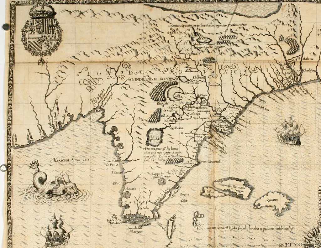 An illustration from Brevis narratio eorvm qvae in Florida Americæ provicia Gallis acciderunt : secunda in illam nauigatione, duce Renato de Laudõniere classis præfecto, anno MDLXIIII, qvae est secvnda pars Americæ : additæ figuræ & incolarum eicones ibidem ad vivu expressæ, brevis item declaratio religionis, rituum, vivendique ratione ipsorum, 1591, leaf 125