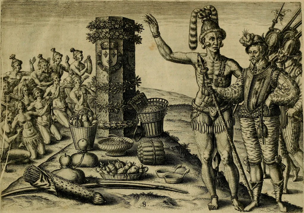 An illustration from Brevis narratio eorvm qvae in Florida Americæ provicia Gallis acciderunt : secunda in illam nauigatione, duce Renato de Laudõniere classis præfecto, anno MDLXIIII, qvae est secvnda pars Americæ : additæ figuræ & incolarum eicones ibidem ad vivu expressæ, brevis item declaratio religionis, rituum, vivendique ratione ipsorum, 1591, leaf 20