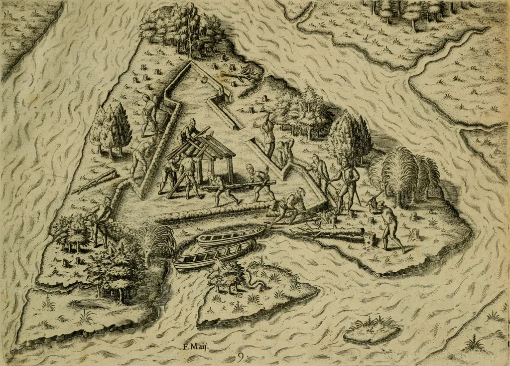 An illustration from Brevis narratio eorvm qvae in Florida Americæ provicia Gallis acciderunt : secunda in illam nauigatione, duce Renato de Laudõniere classis præfecto, anno MDLXIIII, qvae est secvnda pars Americæ : additæ figuræ & incolarum eicones ibidem ad vivu expressæ, brevis item declaratio religionis, rituum, vivendique ratione ipsorum, 1591, leaf 22
