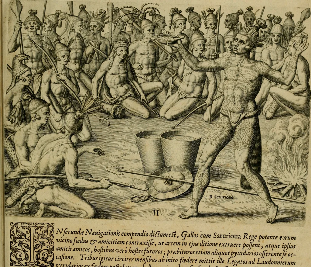 An illustration from Brevis narratio eorvm qvae in Florida Americæ provicia Gallis acciderunt : secunda in illam nauigatione, duce Renato de Laudõniere classis præfecto, anno MDLXIIII, qvae est secvnda pars Americæ : additæ figuræ & incolarum eicones ibidem ad vivu expressæ, brevis item declaratio religionis, rituum, vivendique ratione ipsorum, 1591, leaf 26