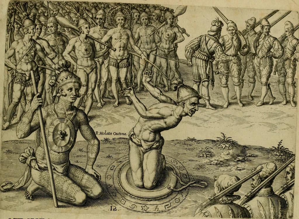 An illustration from Brevis narratio eorvm qvae in Florida Americæ provicia Gallis acciderunt : secunda in illam nauigatione, duce Renato de Laudõniere classis præfecto, anno MDLXIIII, qvae est secvnda pars Americæ : additæ figuræ & incolarum eicones ibidem ad vivu expressæ, brevis item declaratio religionis, rituum, vivendique ratione ipsorum, 1591, leaf 28