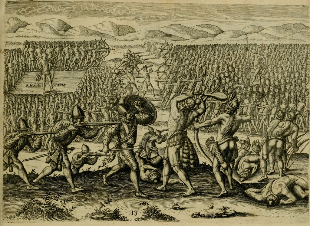 An illustration from Brevis narratio eorvm qvae in Florida Americæ provicia Gallis acciderunt : secunda in illam nauigatione, duce Renato de Laudõniere classis præfecto, anno MDLXIIII, qvae est secvnda pars Americæ : additæ figuræ & incolarum eicones ibidem ad vivu expressæ, brevis item declaratio religionis, rituum, vivendique ratione ipsorum, 1591, leaf 30