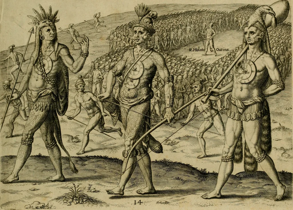 An illustration from Brevis narratio eorvm qvae in Florida Americæ provicia Gallis acciderunt : secunda in illam nauigatione, duce Renato de Laudõniere classis præfecto, anno MDLXIIII, qvae est secvnda pars Americæ : additæ figuræ & incolarum eicones ibidem ad vivu expressæ, brevis item declaratio religionis, rituum, vivendique ratione ipsorum, 1591, leaf 32