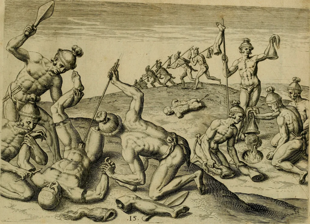 An illustration from Brevis narratio eorvm qvae in Florida Americæ provicia Gallis acciderunt : secunda in illam nauigatione, duce Renato de Laudõniere classis præfecto, anno MDLXIIII, qvae est secvnda pars Americæ : additæ figuræ & incolarum eicones ibidem ad vivu expressæ, brevis item declaratio religionis, rituum, vivendique ratione ipsorum, 1591, leaf 34