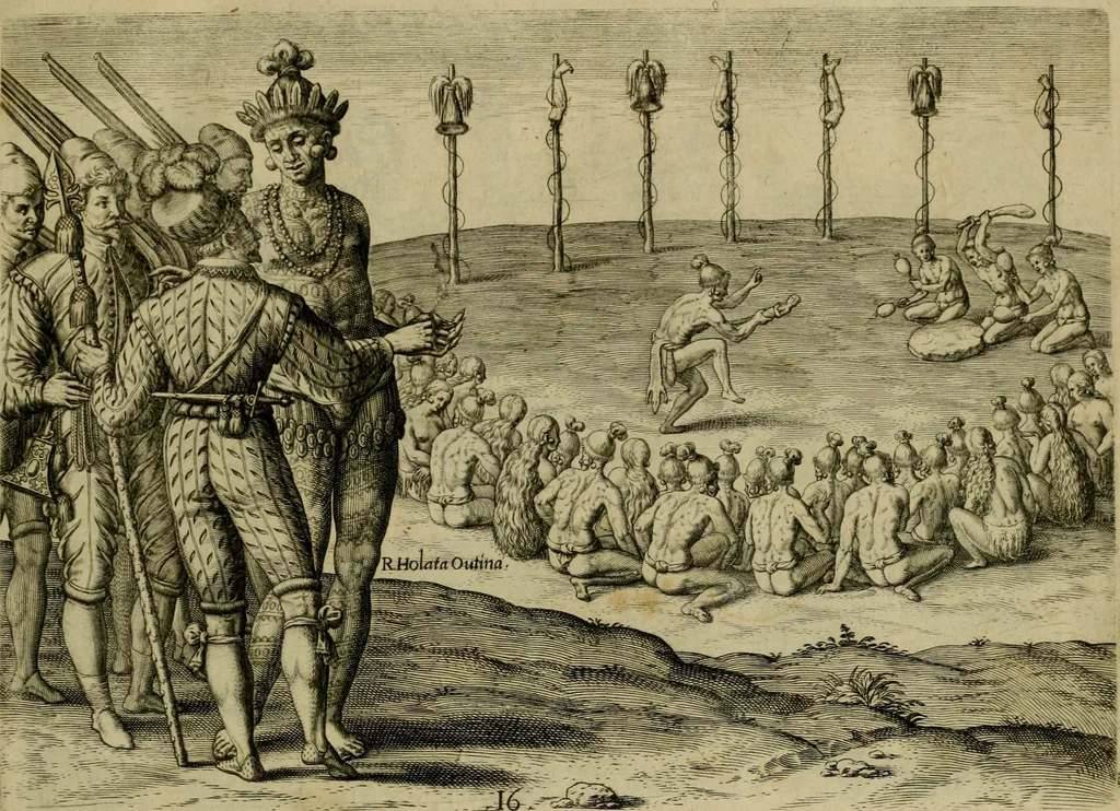 An illustration from Brevis narratio eorvm qvae in Florida Americæ provicia Gallis acciderunt : secunda in illam nauigatione, duce Renato de Laudõniere classis præfecto, anno MDLXIIII, qvae est secvnda pars Americæ : additæ figuræ & incolarum eicones ibidem ad vivu expressæ, brevis item declaratio religionis, rituum, vivendique ratione ipsorum, 1591, leaf 36