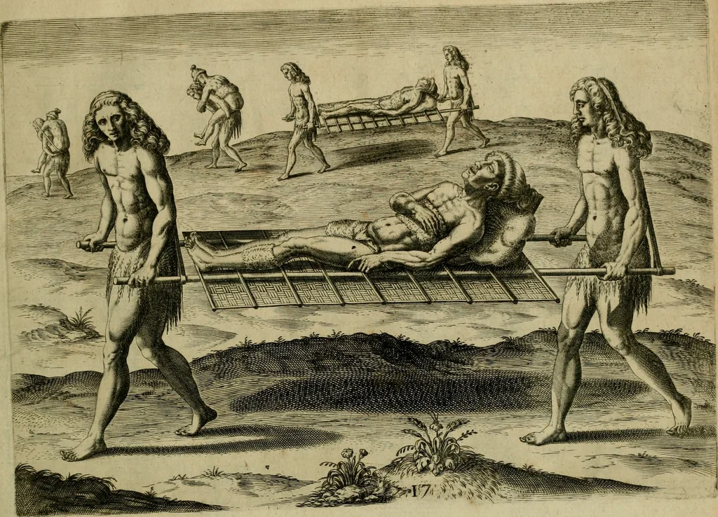 An illustration from Brevis narratio eorvm qvae in Florida Americæ provicia Gallis acciderunt : secunda in illam nauigatione, duce Renato de Laudõniere classis præfecto, anno MDLXIIII, qvae est secvnda pars Americæ : additæ figuræ & incolarum eicones ibidem ad vivu expressæ, brevis item declaratio religionis, rituum, vivendique ratione ipsorum, 1591, leaf 38