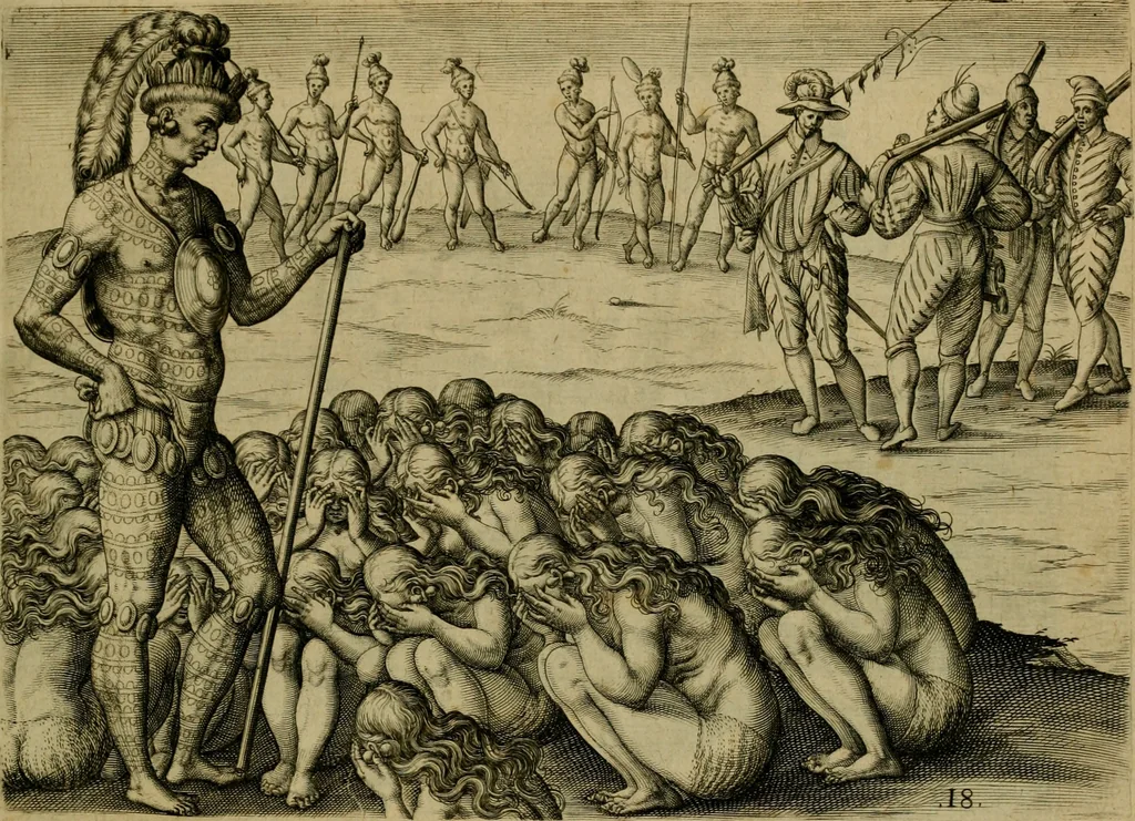 An illustration from Brevis narratio eorvm qvae in Florida Americæ provicia Gallis acciderunt : secunda in illam nauigatione, duce Renato de Laudõniere classis præfecto, anno MDLXIIII, qvae est secvnda pars Americæ : additæ figuræ & incolarum eicones ibidem ad vivu expressæ, brevis item declaratio religionis, rituum, vivendique ratione ipsorum, 1591, leaf 40