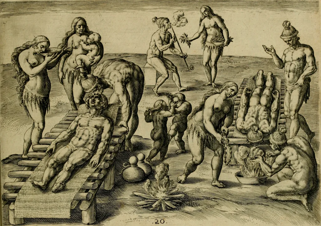 An illustration from Brevis narratio eorvm qvae in Florida Americæ provicia Gallis acciderunt : secunda in illam nauigatione, duce Renato de Laudõniere classis præfecto, anno MDLXIIII, qvae est secvnda pars Americæ : additæ figuræ & incolarum eicones ibidem ad vivu expressæ, brevis item declaratio religionis, rituum, vivendique ratione ipsorum, 1591, leaf 44