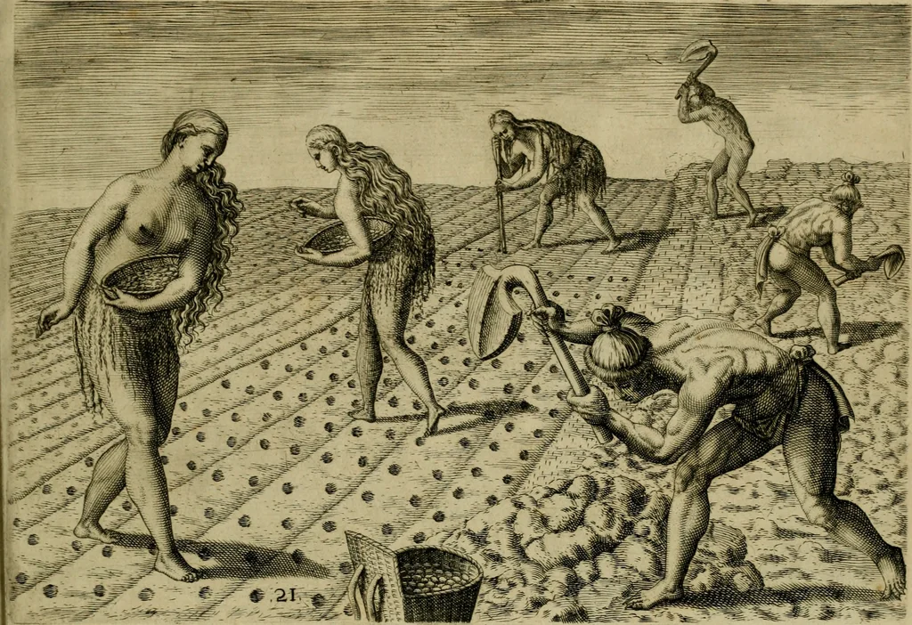 An illustration from Brevis narratio eorvm qvae in Florida Americæ provicia Gallis acciderunt : secunda in illam nauigatione, duce Renato de Laudõniere classis præfecto, anno MDLXIIII, qvae est secvnda pars Americæ : additæ figuræ & incolarum eicones ibidem ad vivu expressæ, brevis item declaratio religionis, rituum, vivendique ratione ipsorum, 1591, leaf 46