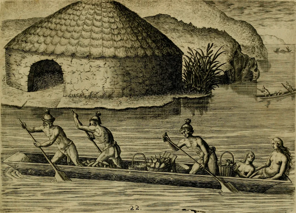 An illustration from Brevis narratio eorvm qvae in Florida Americæ provicia Gallis acciderunt : secunda in illam nauigatione, duce Renato de Laudõniere classis præfecto, anno MDLXIIII, qvae est secvnda pars Americæ : additæ figuræ & incolarum eicones ibidem ad vivu expressæ, brevis item declaratio religionis, rituum, vivendique ratione ipsorum, 1591, leaf 48