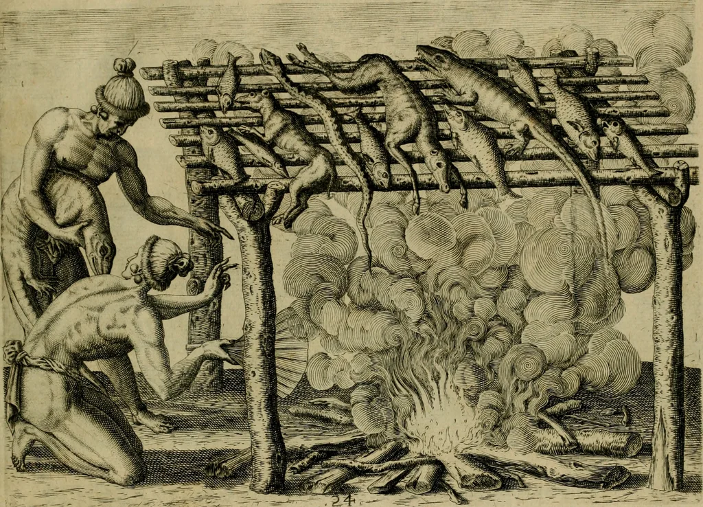 An illustration from Brevis narratio eorvm qvae in Florida Americæ provicia Gallis acciderunt : secunda in illam nauigatione, duce Renato de Laudõniere classis præfecto, anno MDLXIIII, qvae est secvnda pars Americæ : additæ figuræ & incolarum eicones ibidem ad vivu expressæ, brevis item declaratio religionis, rituum, vivendique ratione ipsorum, 1591, leaf 52