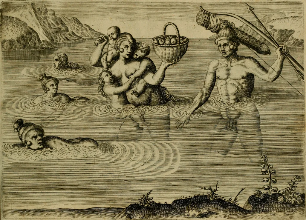 An illustration from Brevis narratio eorvm qvae in Florida Americæ provicia Gallis acciderunt : secunda in illam nauigatione, duce Renato de Laudõniere classis præfecto, anno MDLXIIII, qvae est secvnda pars Americæ : additæ figuræ & incolarum eicones ibidem ad vivu expressæ, brevis item declaratio religionis, rituum, vivendique ratione ipsorum, 1591, leaf 56