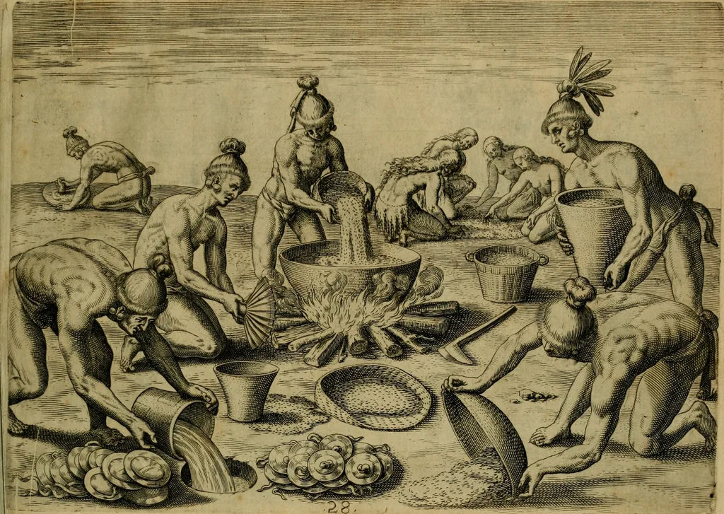 An illustration from Brevis narratio eorvm qvae in Florida Americæ provicia Gallis acciderunt : secunda in illam nauigatione, duce Renato de Laudõniere classis præfecto, anno MDLXIIII, qvae est secvnda pars Americæ : additæ figuræ & incolarum eicones ibidem ad vivu expressæ, brevis item declaratio religionis, rituum, vivendique ratione ipsorum, 1591, leaf 58