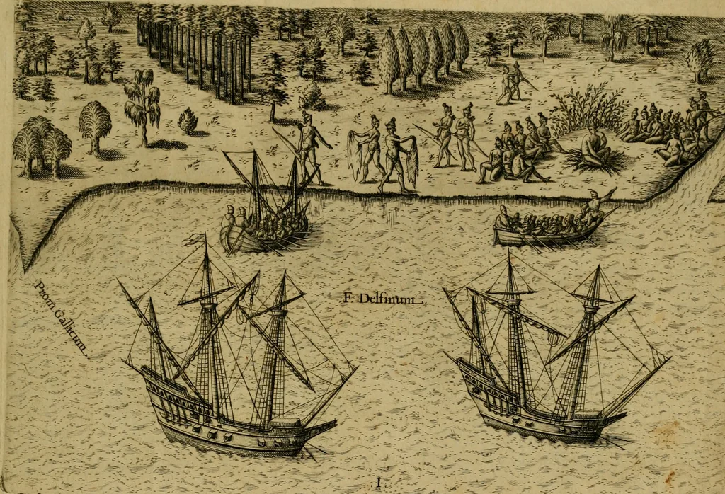 An illustration from Brevis narratio eorvm qvae in Florida Americæ provicia Gallis acciderunt : secunda in illam nauigatione, duce Renato de Laudõniere classis præfecto, anno MDLXIIII, qvae est secvnda pars Americæ : additæ figuræ & incolarum eicones ibidem ad vivu expressæ, brevis item declaratio religionis, rituum, vivendique ratione ipsorum, 1591, leaf 6