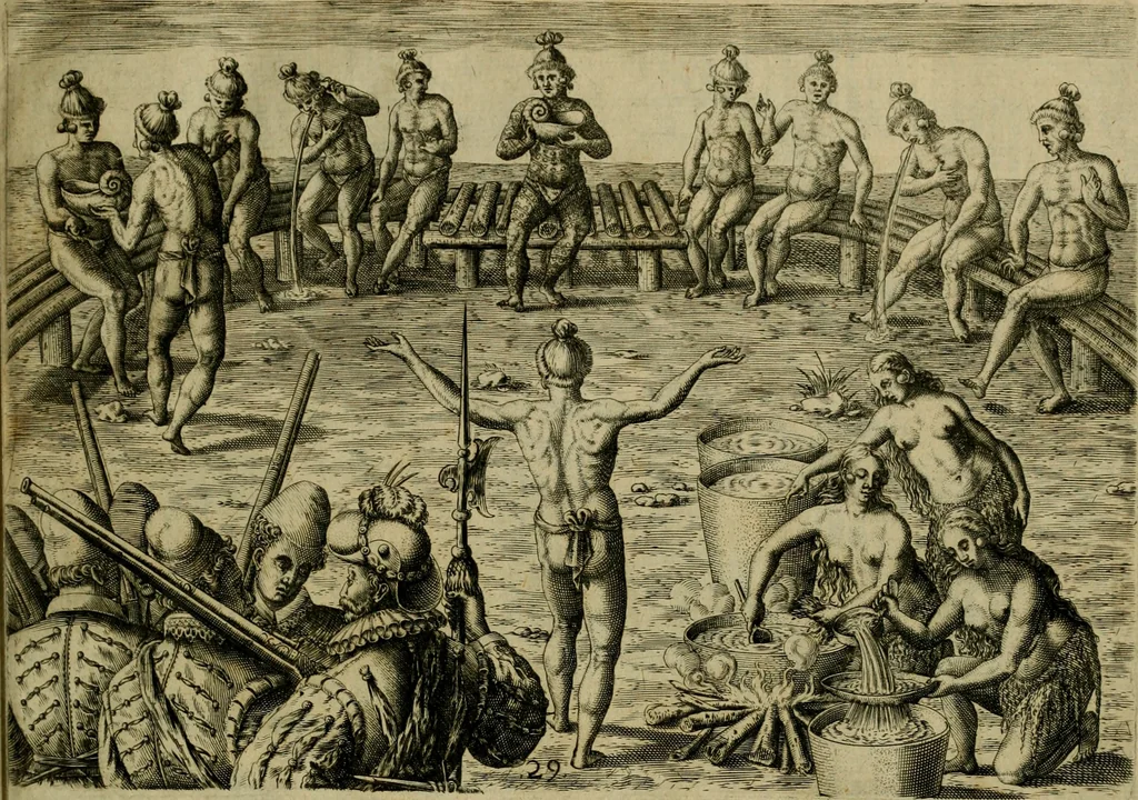 An illustration from Brevis narratio eorvm qvae in Florida Americæ provicia Gallis acciderunt : secunda in illam nauigatione, duce Renato de Laudõniere classis præfecto, anno MDLXIIII, qvae est secvnda pars Americæ : additæ figuræ & incolarum eicones ibidem ad vivu expressæ, brevis item declaratio religionis, rituum, vivendique ratione ipsorum, 1591, leaf 60