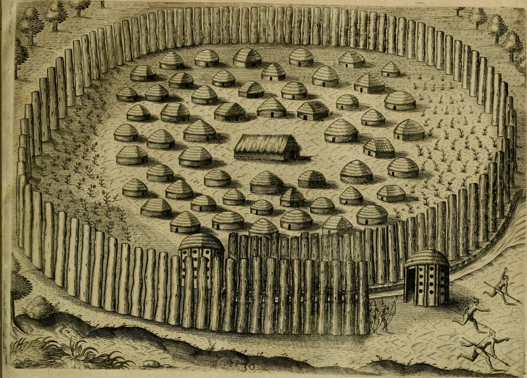 An illustration from Brevis narratio eorvm qvae in Florida Americæ provicia Gallis acciderunt : secunda in illam nauigatione, duce Renato de Laudõniere classis præfecto, anno MDLXIIII, qvae est secvnda pars Americæ : additæ figuræ & incolarum eicones ibidem ad vivu expressæ, brevis item declaratio religionis, rituum, vivendique ratione ipsorum, 1591, leaf 62