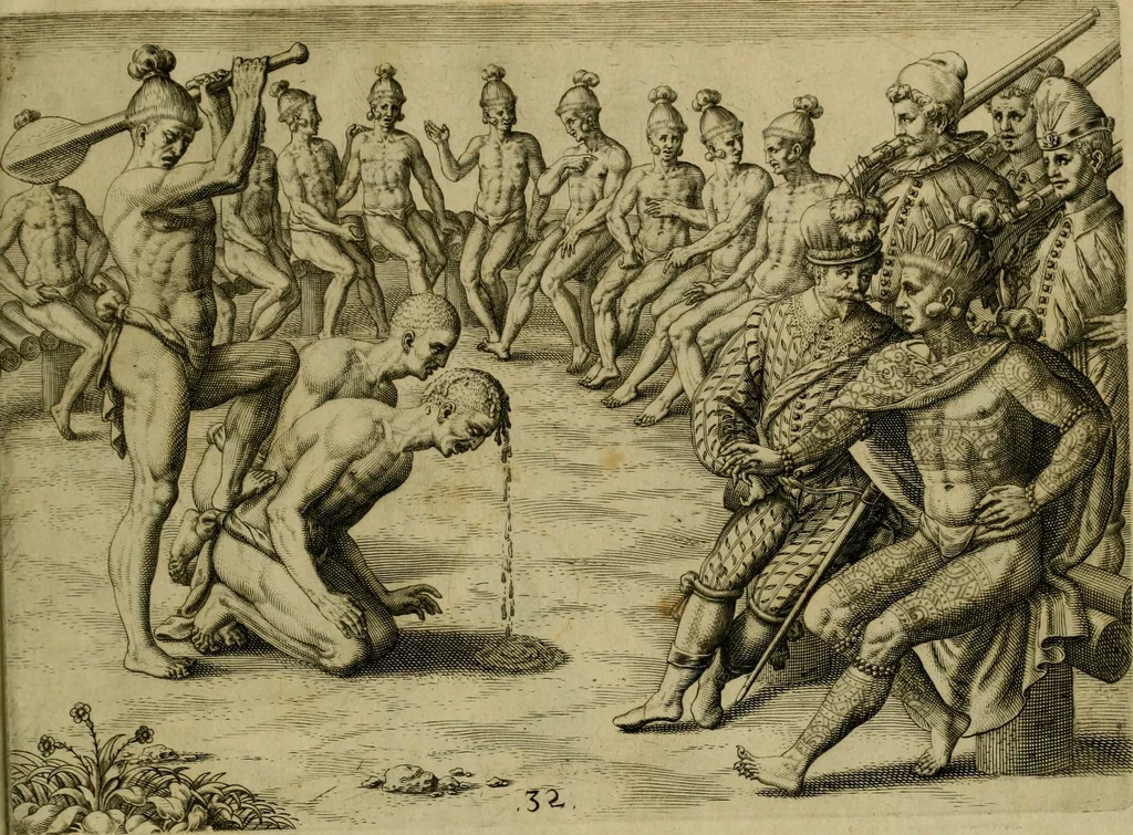 An illustration from Brevis narratio eorvm qvae in Florida Americæ provicia Gallis acciderunt : secunda in illam nauigatione, duce Renato de Laudõniere classis præfecto, anno MDLXIIII, qvae est secvnda pars Americæ : additæ figuræ & incolarum eicones ibidem ad vivu expressæ, brevis item declaratio religionis, rituum, vivendique ratione ipsorum, 1591, leaf 66