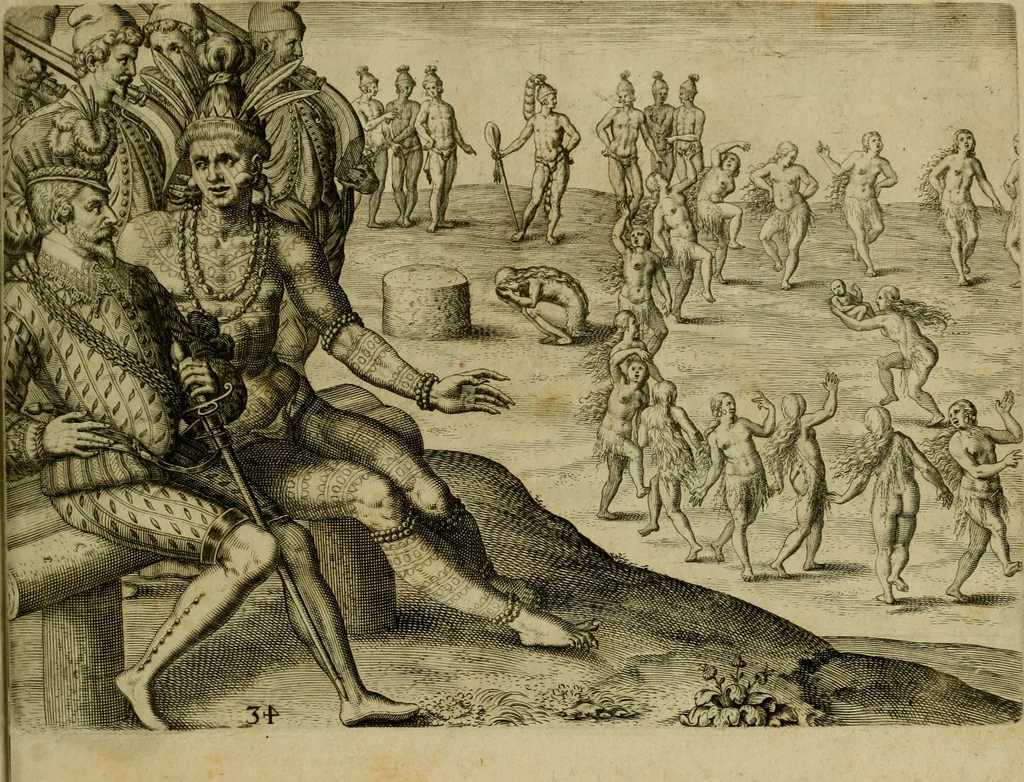 An illustration from Brevis narratio eorvm qvae in Florida Americæ provicia Gallis acciderunt : secunda in illam nauigatione, duce Renato de Laudõniere classis præfecto, anno MDLXIIII, qvae est secvnda pars Americæ : additæ figuræ & incolarum eicones ibidem ad vivu expressæ, brevis item declaratio religionis, rituum, vivendique ratione ipsorum, 1591, leaf 70