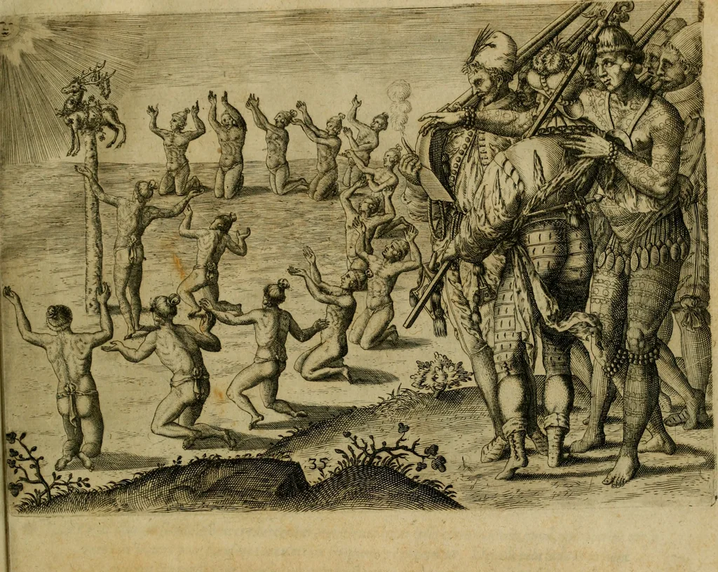 An illustration from Brevis narratio eorvm qvae in Florida Americæ provicia Gallis acciderunt : secunda in illam nauigatione, duce Renato de Laudõniere classis præfecto, anno MDLXIIII, qvae est secvnda pars Americæ : additæ figuræ & incolarum eicones ibidem ad vivu expressæ, brevis item declaratio religionis, rituum, vivendique ratione ipsorum, 1591, leaf 72