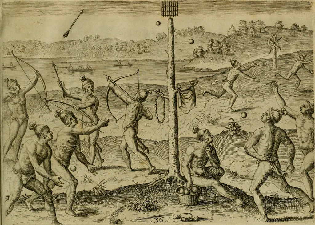 An illustration from Brevis narratio eorvm qvae in Florida Americæ provicia Gallis acciderunt : secunda in illam nauigatione, duce Renato de Laudõniere classis præfecto, anno MDLXIIII, qvae est secvnda pars Americæ : additæ figuræ & incolarum eicones ibidem ad vivu expressæ, brevis item declaratio religionis, rituum, vivendique ratione ipsorum, 1591, leaf 74