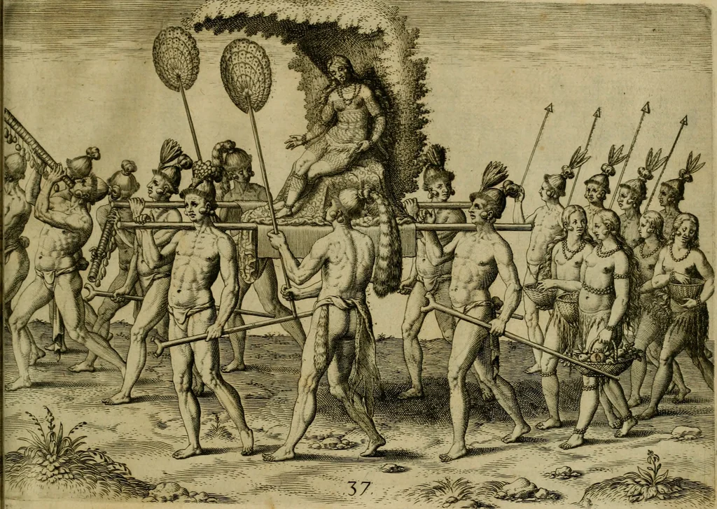 An illustration from Brevis narratio eorvm qvae in Florida Americæ provicia Gallis acciderunt : secunda in illam nauigatione, duce Renato de Laudõniere classis præfecto, anno MDLXIIII, qvae est secvnda pars Americæ : additæ figuræ & incolarum eicones ibidem ad vivu expressæ, brevis item declaratio religionis, rituum, vivendique ratione ipsorum, 1591, leaf 76
