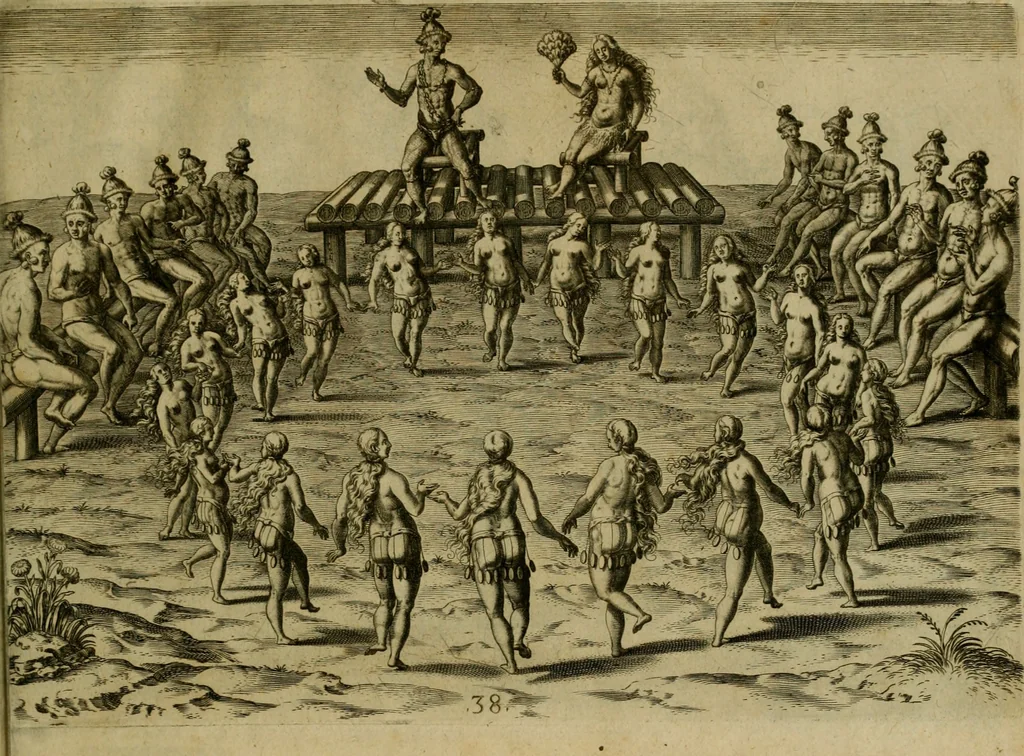 An illustration from Brevis narratio eorvm qvae in Florida Americæ provicia Gallis acciderunt : secunda in illam nauigatione, duce Renato de Laudõniere classis præfecto, anno MDLXIIII, qvae est secvnda pars Americæ : additæ figuræ & incolarum eicones ibidem ad vivu expressæ, brevis item declaratio religionis, rituum, vivendique ratione ipsorum, 1591, leaf 78