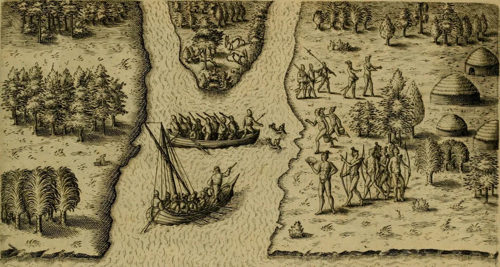 An illustration from Brevis narratio eorvm qvae in Florida Americæ provicia Gallis acciderunt : secunda in illam nauigatione, duce Renato de Laudõniere classis præfecto, anno MDLXIIII, qvae est secvnda pars Americæ : additæ figuræ & incolarum eicones ibidem ad vivu expressæ, brevis item declaratio religionis, rituum, vivendique ratione ipsorum, 1591, leaf 8